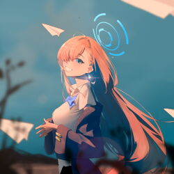 Rule 34 | 1girl, asuna (blue archive), asymmetrical bangs, blue archive, blurry, blurry background, blush, bokeh, bow, bowtie, breasts, depth of field, earrings, floating hair, from side, glint, hair over one eye, halo, highres, jewelry, large breasts, looking at viewer, looking to the side, loose bowtie, nekoyun93, one eye covered, paper airplane, shirt, smile, solo, upper body, white shirt