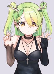 Rule 34 | 1girl, alternate costume, amane misa, amane misa (cosplay), antlers, bare shoulders, black dress, braid, braided bangs, breasts, ceres fauna, choker, cleavage, collarbone, cosplay, cross, cross earrings, detached sleeves, dme1, dress, earrings, green hair, highres, hololive, hololive english, horns, jewelry, long hair, looking at viewer, medium breasts, mole, mole under eye, necklace, ring, rosary, simple background, single braid, solo, twintails, upper body, virtual youtuber, yellow eyes