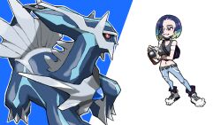 Rule 34 | 1girl, armband, belt, black belt, black choker, blacknirrow, blue hair, brown eyes, camera, choker, claws, creatures (company), denim, dialga, dragon, dragon tail, game freak, gen 4 pokemon, grey footwear, grin, hand on own hip, highres, holding, holding camera, horns, jeans, leaning, legendary pokemon, looking at another, navel, nintendo, off-shoulder shirt, off shoulder, pants, perrin (pokemon), pokemon, pokemon sv, ribbed vest, shirt, shoes, short hair, simple background, smile, standing, tail, teeth, vest, wide hips