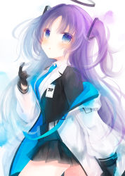 Rule 34 | 1girl, :o, bad id, bad pixiv id, black gloves, black jacket, black skirt, blue archive, blue eyes, blue necktie, blush, collared shirt, commentary request, gloves, halo, hand up, highres, hinanosuke, jacket, long hair, long sleeves, necktie, off shoulder, open clothes, open jacket, parted bangs, parted lips, pleated skirt, puffy long sleeves, puffy sleeves, purple hair, shirt, skirt, solo, two side up, very long hair, white background, white hair, white shirt, yuuka (blue archive)