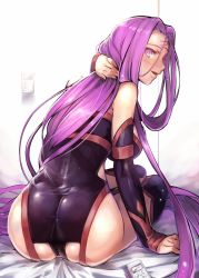 Rule 34 | :d, akinaie, ass, back, bare shoulders, blush, breasts, elbow gloves, fate/stay night, fate (series), from behind, gloves, highres, large breasts, long hair, looking at viewer, looking back, medusa (fate), medusa (rider) (fate), medusa (rider) (third ascension) (fate), open mouth, purple eyes, purple hair, rectangular pupils, sitting, smile, solo