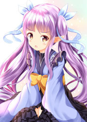 Rule 34 | 1girl, :o, blue kimono, blue ribbon, blush, bow, brown eyes, commentary request, hair ribbon, highres, japanese clothes, kimono, kyoka (princess connect!), long hair, long sleeves, looking at viewer, open mouth, orange bow, pointy ears, princess connect!, purple hair, revision, ribbon, ribbon trim, sidelocks, solo, tears, twintails, very long hair, wide sleeves, xenon (for achieve)