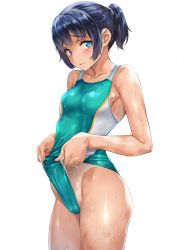 Rule 34 | 1girl, aqua one-piece swimsuit, bare arms, bare shoulders, blue eyes, blue hair, blush, breasts, clothes lift, collarbone, commentary request, competition swimsuit, cowboy shot, frontal wedgie, hair tie, highres, lifted by self, looking at viewer, medium breasts, nagayori, one-piece swimsuit, one-piece tan, original, parted lips, ponytail, raised eyebrows, short hair, short ponytail, simple background, solo, standing, swimsuit, swimsuit lift, tan, tanline, thighs, two-tone swimsuit, water drop, wedgie, wet, wet hair, white background, white one-piece swimsuit