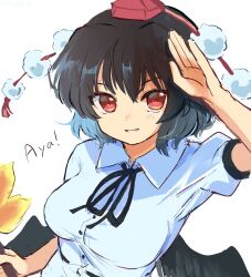 Rule 34 | 1girl, ayaya~, bird wings, black hair, black wings, collared shirt, commentary, hat, hauchiwa, highres, looking at viewer, pom pom (clothes), ramudia (lamyun), red eyes, red hat, shameimaru aya, shirt, short hair, short sleeves, simple background, smile, solo, tokin hat, touhou, upper body, white background, white shirt, wings