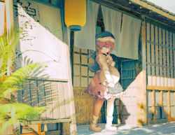 Rule 34 | 1girl, architecture, bobby socks, day, east asian architecture, finger to own chin, furahata gen, holding, holding tray, lantern, long sleeves, looking at viewer, noren, okunoda miyoi, outdoors, paper lantern, pink hair, pink skirt, plant, shadow, shirt, short hair, sign, skirt, smile, socks, solo, storefront, touhou, tray, whale, whale hat, white footwear, white shirt, white socks, yellow eyes
