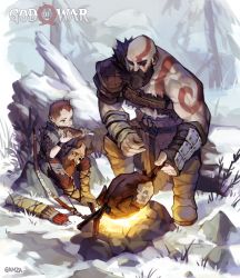 Rule 34 | 3boys, absurdres, armor, arrow (projectile), artist name, asymmetrical clothes, atreus, bald, beard, blue eyes, boots, bow (weapon), brown hair, campfire, copyright name, eating, facial hair, father and son, fingerless gloves, fire, food, gamza, gloves, glowing, glowing eye, god of war, highres, horns, kratos (god of war), log, male focus, meat, mimir (god of war), multiple boys, outdoors, pale skin, pelt, quiver, rock, severed head, short hair, shoulder armor, sitting, snow, tattoo, tree, very short hair, weapon, wristband