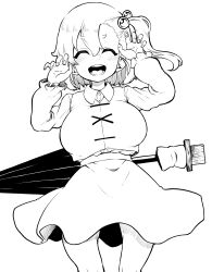 Rule 34 | 1girl, absurdres, alternate hairstyle, closed eyes, commentary request, cross-laced clothes, facing viewer, hair bobbles, hair ornament, high contrast, highres, himajin noizu, long sleeves, monochrome, one side up, open mouth, shirt, short hair, skirt, solo, tatara kogasa, teeth, touhou, umbrella, upper teeth only, vest