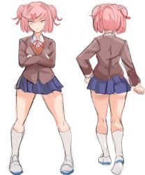 Rule 34 | 1girl, back, blazer, blue skirt, bow, closed mouth, doki doki literature club, frown, hair ornament, hairclip, highres, jacket, long sleeves, looking at viewer, md5 mismatch, multiple views, natsuki (doki doki literature club), orange sweater, orange vest, pink eyes, pink hair, pleated skirt, rakeemspoon, red ribbon, ribbon, school uniform, shirt, shoes, short hair, simple background, skirt, socks, sweater, thighs, twintails, vest, white shirt, white socks