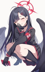 Rule 34 | 1girl, aibon, armband, black choker, black footwear, black gloves, black hair, black sailor collar, black serafuku, black skirt, black socks, black wings, blue archive, cellphone, choker, closed eyes, facing viewer, feathered wings, gloves, grin, hair ornament, hairclip, halo, highres, holding, holding phone, ichika (blue archive), long hair, low wings, neckerchief, phone, pleated skirt, red halo, red neckerchief, safety pin, sailor collar, school uniform, serafuku, shoes, signature, simple background, skirt, smartphone, smile, socks, solo, squatting, white background, wings