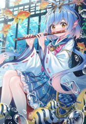 Rule 34 | 1girl, animal ears, blue hair, blush, bow, bubble, detached sleeves, fins, fish, flute, hair ornament, hakama, hakama skirt, head fins, highres, holding, holding instrument, indoors, instrument, japanese clothes, long hair, long sleeves, looking at viewer, miko, multicolored hair, music, nontraditional miko, original, pink hair, playing instrument, shirt, sitting, skirt, two-tone hair, tyutaka0427, underwater, wide sleeves, yellow eyes