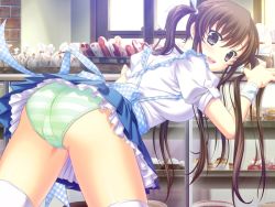 Rule 34 | 1girl, apron, ass, ayatsuki meika, bent over, blue skirt, brown eyes, brown hair, food, game cg, green panties, indoors, long hair, miniskirt, official art, open mouth, panties, pantyshot, petticoat, pleated skirt, shirahane nao, skirt, solo, striped clothes, striped panties, sucre, thighhighs, twintails, underwear, upskirt, white thighhighs, wristband