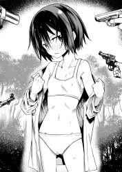 Rule 34 | 1girl, 4boys, absurdres, at gunpoint, blush, breasts, commission, flat chest, greyscale, gun, handgun, highres, kino (kino no tabi), kino no tabi, monochrome, multiple boys, outdoors, panties, pixiv commission, reverse trap, revolver, short hair, small breasts, sports bra, surrounded, sweat, tomurasuisen, underwear, undressing, weapon, weapon request