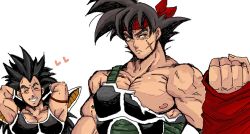 Rule 34 | age difference, bara, bardock, black hair, dragon ball, dragonball z, father and son, heart, male focus, muscular, raditz, scar, smile