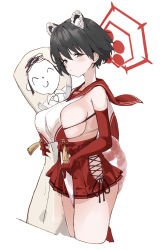 Rule 34 | 1girl, absurdres, animal ears, black hair, blue archive, body pillow, breasts, crop top, crop top overhang, elbow gloves, gloves, halo, highres, large breasts, looking at viewer, ocha (popopogg), pillow, raccoon ears, red gloves, red sailor collar, red skirt, sailor collar, short hair, sideboob, sideless outfit, skindentation, skirt, solo, tabard, tareme, tsubaki (blue archive)