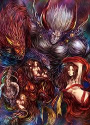 Rule 34 | 1boy, breasts, brown hair, closed mouth, colored sclera, exdeath, final fantasy, final fantasy v, horns, kara (color), long hair, looking at viewer, monster, multiple girls, navel, neo exdeath, no humans, single horn