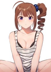 Rule 34 | 1girl, ahoge, bare shoulders, black bra, blue scrunchie, blunt bangs, blush, bra, bra peek, breasts, breasts squeezed together, brown hair, cleavage, closed mouth, collarbone, commentary request, drill hair, idolmaster, idolmaster million live!, indian style, kamille (vcx68), looking at viewer, medium breasts, medium hair, print scrunchie, purple eyes, scrunchie, see-through, side ponytail, sidelocks, simple background, sitting, solo, star (symbol), star print, striped, striped tank top, tank top, underwear, v arms, white background, white tank top, yokoyama nao