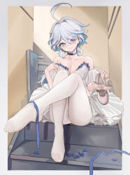 Rule 34 | 1girl, absurdres, ahoge, ballet slippers, bare shoulders, blue choker, blue eyes, blue hair, blue ribbon, breasts, choker, cleavage, closed mouth, dress, feet, foot focus, full body, furina (genshin impact), genshin impact, heterochromia, highres, holding, holding shoes, indoors, looking at viewer, multicolored hair, nagata gata, no shoes, pantyhose, petals, ribbon, shoes, sitting, sitting on stairs, smile, solo, stairs, streaked hair, white dress, white hair, white pantyhose