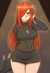 Rule 34 | 1girl, absurdres, black dress, blush, breasts, carcass (artist), cross, dress, hair between eyes, hair over one eye, highres, holding, large breasts, light, lips, long hair, looking at viewer, night, orange eyes, parasoul (skullgirls), red hair, resolution mismatch, skullgirls, solo, source smaller, thick thighs, thighs, umbrella