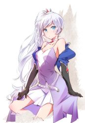 Rule 34 | 1girl, bare shoulders, belt, blue eyes, breasts, choker, collarbone, cropped jacket, dress, elbow gloves, gloves, highres, iesupa, long hair, off shoulder, ponytail, rwby, scar, scar across eye, scar on face, side ponytail, solo, tiara, weiss schnee, white hair