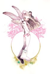 Rule 34 | 1girl, absurdres, ass, blush, boots, bug, circle, full body, grey hair, hand up, highres, insect, leaf, long hair, moth, original, oversized insect, panties, pink panties, smile, solo, standing, topless, underwear, white background, white footwear, wings, yellow eyes, yuuinami