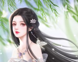 Rule 34 | 1girl, absurdres, bare shoulders, black hair, blurry, blurry background, bug, butterfly, earrings, glowing butterfly, hair ornament, highres, insect, jewelry, leaf, long hair, lu xueqi (zhu xian), mucifei wan, necklace, open mouth, solo, sparkle, teeth, upper body, zhu xian