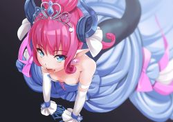 Rule 34 | 1girl, blue dress, blue eyes, blue horns, breasts, curled horns, detached sleeves, dragon girl, dragon horns, dragon tail, dress, earrings, elizabeth bathory (cinderella rider) (fate), elizabeth bathory (fate), fate/grand order, fate (series), from above, horns, jewelry, long hair, pink hair, pointy ears, small breasts, solo, tail, tiara, wapokichi, white sleeves
