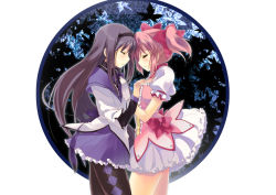 Rule 34 | 10s, 2girls, akemi homura, blush, bubble skirt, closed eyes, face-to-face, forehead-to-forehead, hand on another&#039;s chest, heads together, kaname madoka, leaf, magical girl, mahou shoujo madoka magica, mahou shoujo madoka magica (anime), malino (dream maker), maple leaf, multiple girls, pantyhose, purple skirt, short twintails, skirt, twintails, yuri