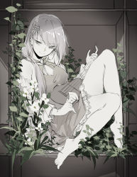 Rule 34 | absurdres, bare legs, barefoot, biwa lute, breasts, closed mouth, commentary request, dress, flower, frilled dress, frills, greyscale, hair flower, hair ornament, highres, instrument, kagari6496, leaf, limited palette, long hair, lute (instrument), medium breasts, monochrome, sitting, smile, solo, toes, touhou, tsukumo benben