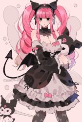 Rule 34 | 1girl, bad id, bad twitter id, bare shoulders, black eyes, black headdress, blunt bangs, commentary, corset, demon tail, detached collar, detached sleeves, dress, drill hair, eyelashes, frilled dress, frills, ghost, holding, joman, kuromi, long hair, looking at viewer, one piece, onegai my melody, pantyhose, perona, pink background, pink hair, pink ribbon, ribbon, sanrio, sidelocks, simple background, solo, standing, symbol-only commentary, tail, twintails