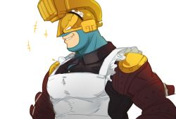 Rule 34 | 1boy, apron, arms (game), grin, helmet, male focus, mask, max brass, shanty (mattariino), simple background, smile, solo, upper body, white background, yellow headwear