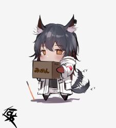 Rule 34 | 1girl, afterimage, animal ear fluff, animal ear piercing, animal ears, arknights, artist name, black hair, black pantyhose, black shirt, black tail, blush, box, brown eyes, cardboard box, chibi, coat, colored inner hair, commentary request, covered mouth, donata (donatasama), doodles, double-parted bangs, from side, full body, fur-trimmed coat, fur-trimmed hood, fur trim, gloves, grey shorts, hair between eyes, hands up, hatching (texture), highres, holding, holding box, hood, hood down, hooded coat, id card, invisible floor, linear hatching, long hair, long sleeves, looking afar, looking ahead, motion lines, multicolored hair, no nose, no shoes, official alternate costume, open clothes, open coat, pantyhose, piercing, planted, planted sword, planted weapon, pocket, red gloves, red hair, shadow, shirt, short shorts, shorts, signature, simple background, solo, standing, straight hair, sword, tail, tail wagging, texas (arknights), texas (winter messenger) (arknights), translation request, two-tone hair, very long hair, weapon, white background, white coat, white hood, wide sleeves, wolf ears, wolf girl, wolf tail