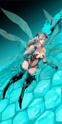 Rule 34 | 1girl, antennae, aqua background, boots, breasts, center opening, cleavage, full body, gloves, green thighhighs, grey eyes, grey hair, highres, honeycomb (pattern), honeycomb background, honeycomb pattern, insect wings, konoe kishi, large breasts, long hair, midriff, navel, original, solo, thigh boots, thighhighs, wings