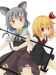 Rule 34 | 2girls, animal ears, blonde hair, capelet, dowsing rod, fang, female focus, grey hair, highres, jewelry, meriibe, mouse ears, multiple girls, nazrin, open mouth, outstretched arms, pendant, puffy sleeves, red eyes, short hair, short sleeves, smile, touhou, white background