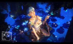 Rule 34 | 1girl, absurdres, blue hair, bracelet, breasts, bug, butterfly, cleavage, dancer (fire emblem: three houses), dress, fire emblem, fire emblem: three houses, flower, glowing butterfly, glowing flower, highres, insect, irisl, jewelry, large breasts, marianne von edmund, medium breasts, nintendo, official alternate costume, parted lips, partially submerged, shawl, single-shoulder dress, smile, solo, tree, water