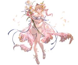 Rule 34 | 1girl, alpha transparency, bare shoulders, bikini, blonde hair, blue eyes, blush, breasts, cleavage, collarbone, europa (granblue fantasy), europa (summer) (granblue fantasy), flower, full body, gluteal fold, granblue fantasy, hair between eyes, hair flower, hair ornament, large breasts, lily (flower), looking at viewer, minaba hideo, navel, official art, open mouth, petals, sandals, short hair, skindentation, smile, solo, swimsuit, thigh gap, thigh strap, tiara, transparent background, white bikini, white flower