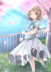 Rule 34 | 1girl, absurdres, aqua bow, aqua dress, artist request, blue bow, blue dress, bow, dress, female focus, grey hair, highres, looking at viewer, love live!, love live! sunshine!!, one eye closed, petals, sandals, short hair, sky, smile, solo, sylux, tree, watanabe you