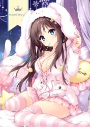 Rule 34 | 1girl, animal hood, bed, blue eyes, blush, breasts, brown hair, cellphone, cleavage, commentary request, earphones, frilled skirt, frills, hair ornament, hairclip, hood, hooded jacket, jacket, large breasts, long hair, looking at viewer, mochizuki shiina, original, phone, pillow, rabbit hood, sitting, skirt, smartphone, solo, striped clothes, striped thighhighs, stuffed animal, stuffed rabbit, stuffed toy, thighhighs, wariza, zettai ryouiki