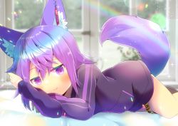 Rule 34 | 1girl, animal ear fluff, animal ears, arms up, black hoodie, blue hair, blurry, blurry background, blush, closed mouth, commentary request, commission, copyright request, day, depth of field, ear piercing, feet out of frame, hood, hood down, hoodie, indoors, kou hiyoyo, lens flare, long hair, long sleeves, looking at viewer, lying, on stomach, piercing, purple eyes, purple hair, skeb commission, smile, solo, tail, window