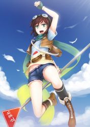 Rule 34 | 1girl, arm up, azuri, boots, brown hair, cloud, cross-laced footwear, denim, denim shorts, fingerless gloves, from below, gloves, goggles, goggles on head, green eyes, green scarf, highres, jewelry, jumping, necklace, open mouth, original, ricegnat, road sign, scarf, short hair, shorts, sign, sky, solo, stop sign