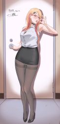 Rule 34 | 1girl, aged up, armpits, black choker, black footwear, black pantyhose, black skirt, blush, borrowed character, breasts, character request, choker, commission, door, fellatio gesture, glasses, green eyes, high heels, highres, ichinose (ichinose1592), long hair, looking at viewer, medium breasts, multicolored hair, office lady, ok sign, open mouth, orange hair, original, panties, panties under pantyhose, pantyhose, pantyshot, shirt, simple background, skeb commission, skirt, solo, standing, tongue, underwear, white panties, white shirt