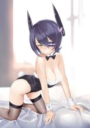 Rule 34 | 10s, 1girl, all fours, bare shoulders, bed, black hair, breasts, rabbit tail, cleavage, cuffs, eyepatch, fishnets, highres, kantai collection, revision, short hair, solo, tail, tenryuu (kancolle), wa (genryusui), wrist cuffs, yellow eyes