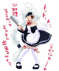 Rule 34 | 1girl, arc system works, blazblue, braid, eyepatch, female focus, full body, knife, long hair, maid, nu-13, open mouth, red eyes, silver hair, single braid, solo, takanon (pixiv259581), thighhighs, uniform, white background