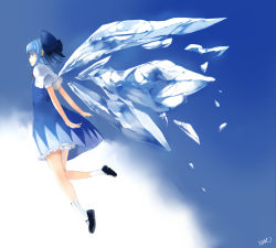 Rule 34 | 1girl, bad id, bad pixiv id, bloomers, blue dress, blue eyes, blue hair, bow, cirno, dress, hair bow, hair ornament, ice, mary janes, matching hair/eyes, nobusnow, shoes, short hair, smile, socks, solo, touhou, underwear, white socks, wings