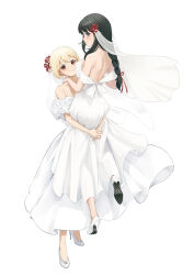 Rule 34 | 2girls, absurdres, alternate hairstyle, bare back, bare shoulders, black hair, blonde hair, braid, breasts, carrying, carrying person, chinese commentary, closed mouth, collarbone, commentary request, dress, female focus, flower, full body, hair flower, hair ornament, high heels, highres, inoue takina, long hair, looking at viewer, lycoris recoil, medium breasts, mian li, multiple girls, nishikigi chisato, off-shoulder shirt, off shoulder, purple eyes, red eyes, scene reference, shirt, sidelocks, simple background, single braid, spider lily, veil, wedding dress, white background, white dress, white footwear, wife and wife, yuri
