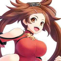 Rule 34 | 1girl, bare shoulders, breasts, brown eyes, brown hair, can, chinese clothes, commentary request, guilty gear, hair ornament, hair rings, hairclip, kuradoberi jam, kuroa (kuroan), large breasts, looking at viewer, open mouth, signature, simple background, smile, solo, upper body, white background