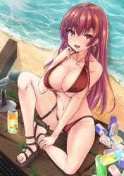 Rule 34 | 1girl, arrow through heart, beach, bikini, breasts, can, cleavage, commentary request, dolphin shorts, drink can, earrings, fang, feet, heterochromia, hololive, houshou marine, houshou marine (summer), jewelry, keyboard (computer), large breasts, microphone, necklace, nekoyaso, open mouth, red bikini, red hair, sandals, shorts, skin fang, soda can, solo, swimsuit, thigh strap, underboob, virtual youtuber