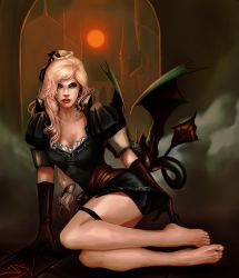 Rule 34 | 1girl, aged up, bare legs, barefoot, blonde hair, bow, breasts, castle, castlevania (series), castlevania: symphony of the night, cleavage, colored skin, dragon, feet, green skin, highres, konami, looking at viewer, maria renard, moon, red moon, shorts, sitting, solo, toes, yokozuwari