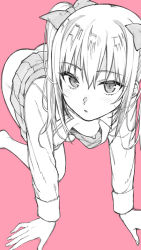 Rule 34 | 1girl, all fours, barefoot, blush, bow, breasts, commentary request, greyscale, hair bow, long hair, long sleeves, looking at viewer, medium breasts, monochrome, nipple slip, nipples, original, parted lips, pink background, shirt, simple background, skirt, solo, tsukimoto kizuki, two side up