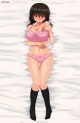 Rule 34 | 1girl, artist name, bed sheet, black hair, black socks, bow, bow bra, bow panties, bra, breasts, brown eyes, cleavage, collarbone, commentary request, dakimakura (medium), from above, full body, gluteal fold, groin, half-closed eyes, hand on own chest, highres, holding, kinnan, large breasts, legs, light frown, long hair, looking at viewer, low twintails, lying, navel, on back, on bed, original, panties, parted lips, pink bra, pink panties, socks, solo, thigh gap, twintails, underwear, underwear only
