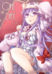 Rule 34 | 1girl, arm over head, blue bow, bow, breasts, commentary request, couch, english text, glasses, light particles, long hair, lying, medium breasts, on back, open mouth, patchouli knowledge, pink-tinted eyewear, purple eyes, purple hair, red-framed eyewear, red bow, red ribbon, ribbon, tano, tinted eyewear, touhou, very long hair, watermark